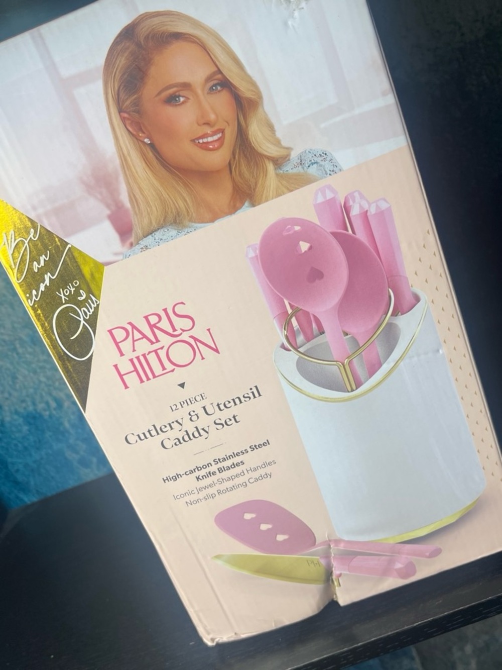 Paris Hilton Pink Cutlery & Utensil Caddy with White and Gold Accents